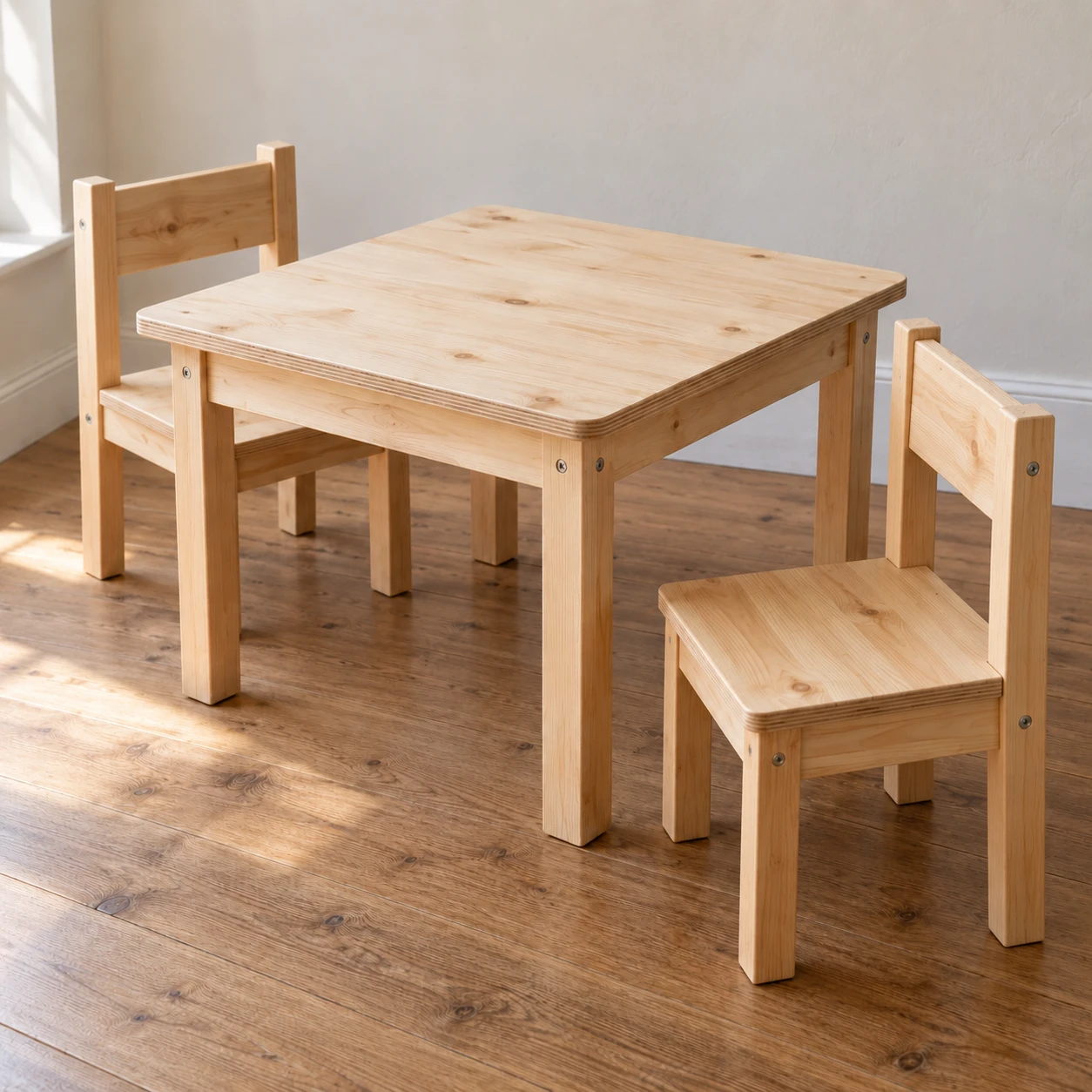Natural wooden square children’s table with two matching straight-backed chairs
