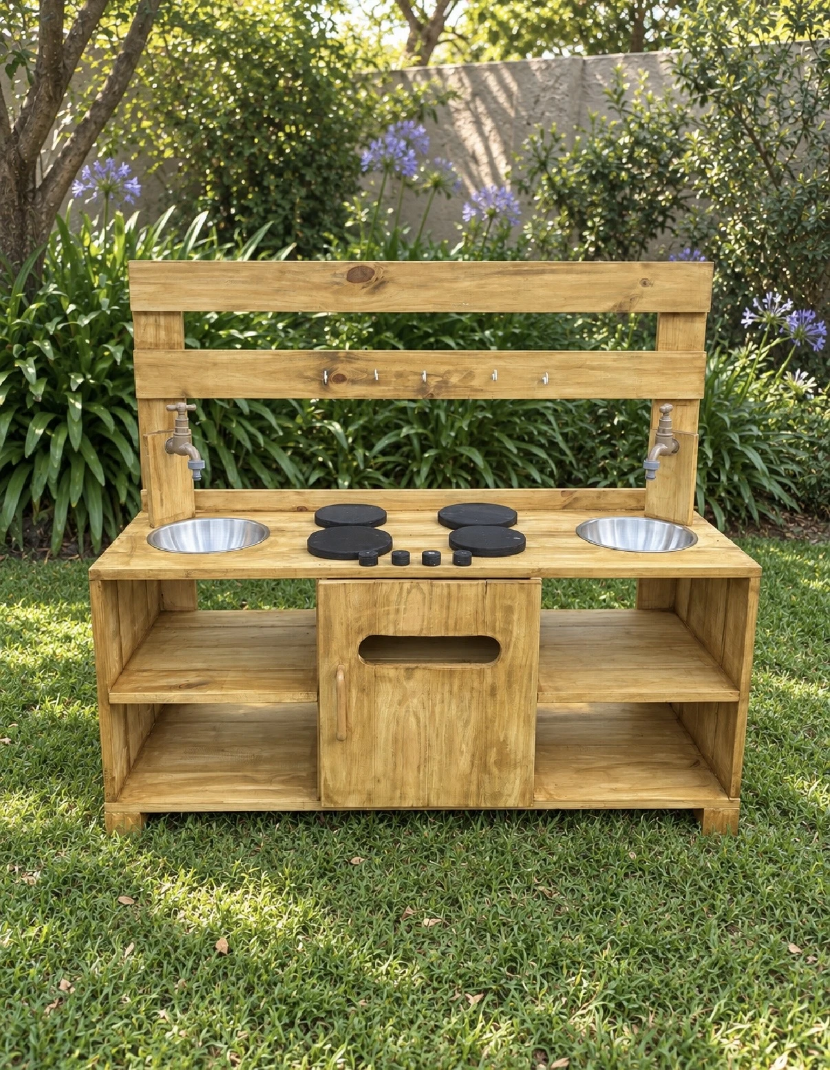 Wooden outdoor mud kitchen with two sinks, taps, hob rings and an oven in the middle
