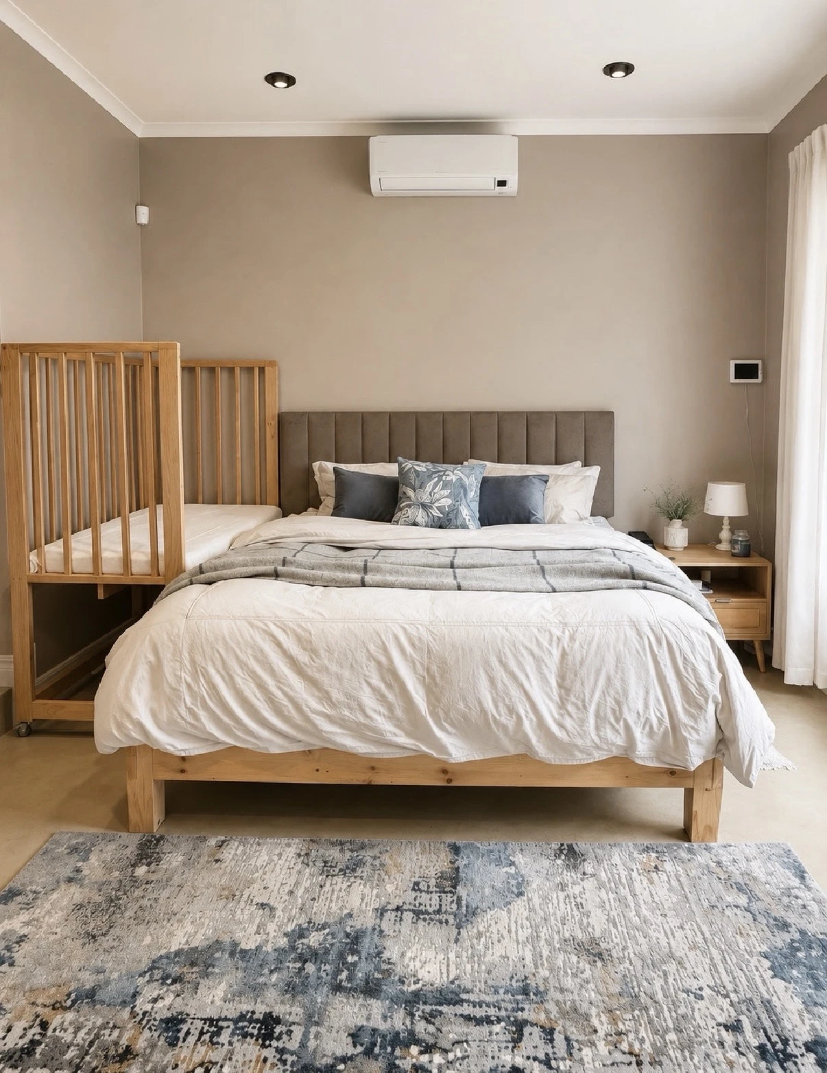 Wooden bedside cot beside a large bed