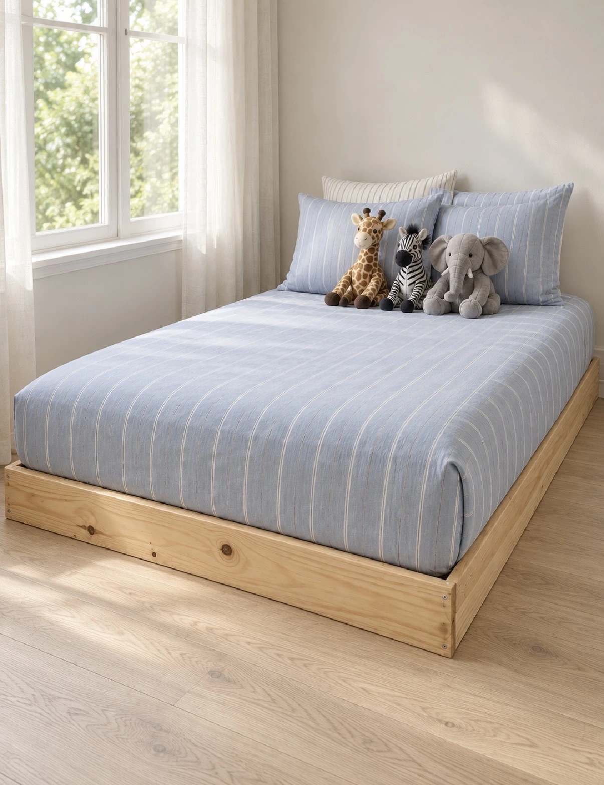 Natural wooden low bed base styled with blue bedding