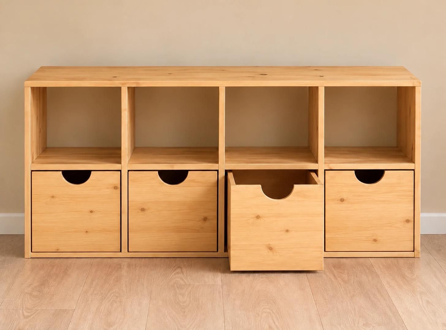 Natural wooden eight-compartment storage unit with four removable lower bins